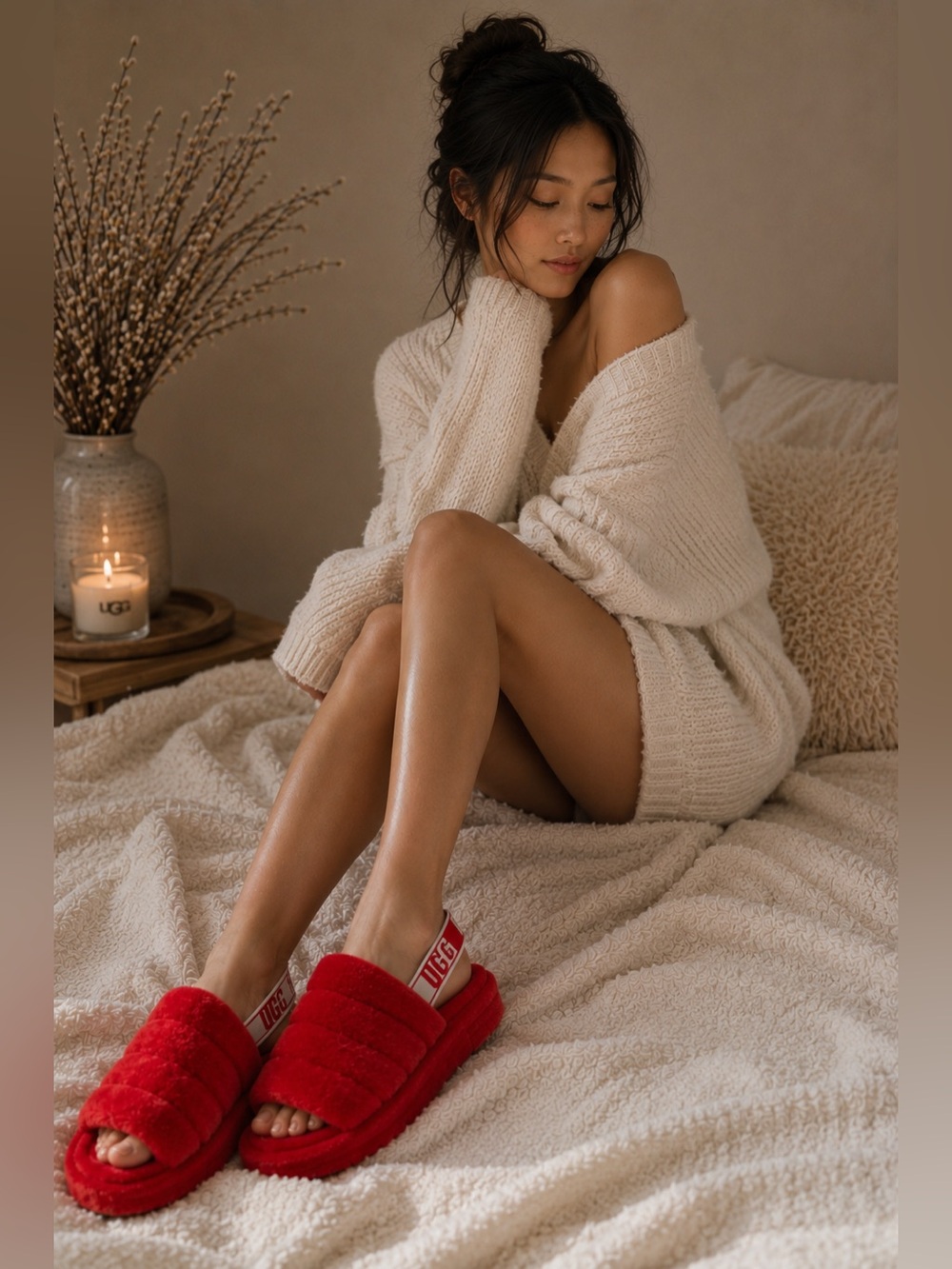 UGG Fluff Yeah Slide Slingback Slippers Red Ribbon | Size 9